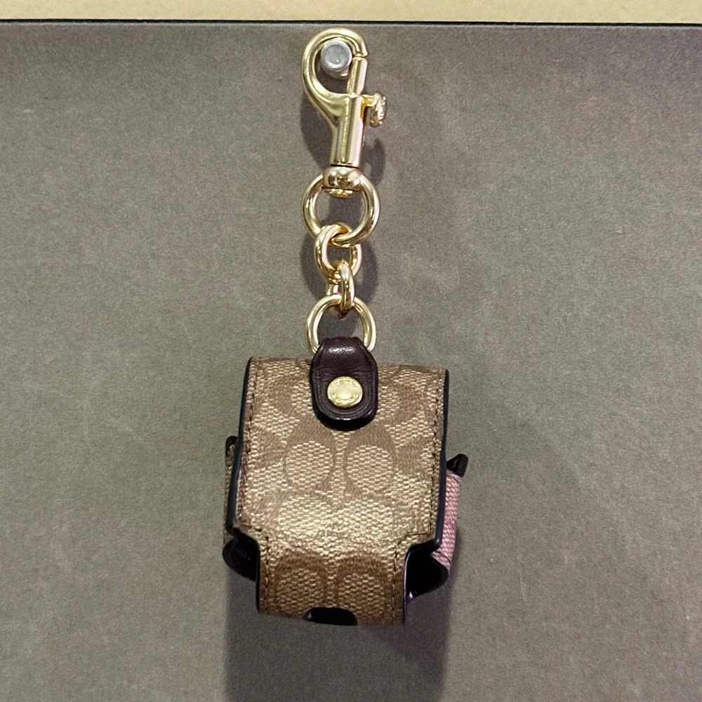 Coach Signature Canvas AirPods Case Charm Khaki Saddle Brown Gold Hardware